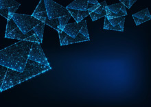 Futuristic Glowing Low Polygonal Mail Envelopes And Copy Space For Text On Dark Blue Background.