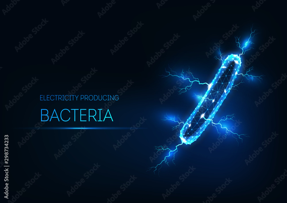 Futuristic glowing low polygonal electricity producing bacteria isolated on dark blue background. - obrazy, fototapety, plakaty 