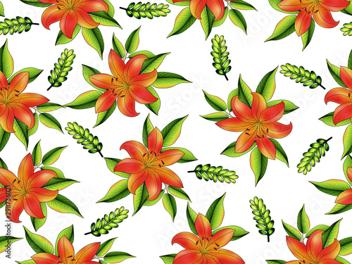 beautiful lily flower with leaves branches seamless pattern