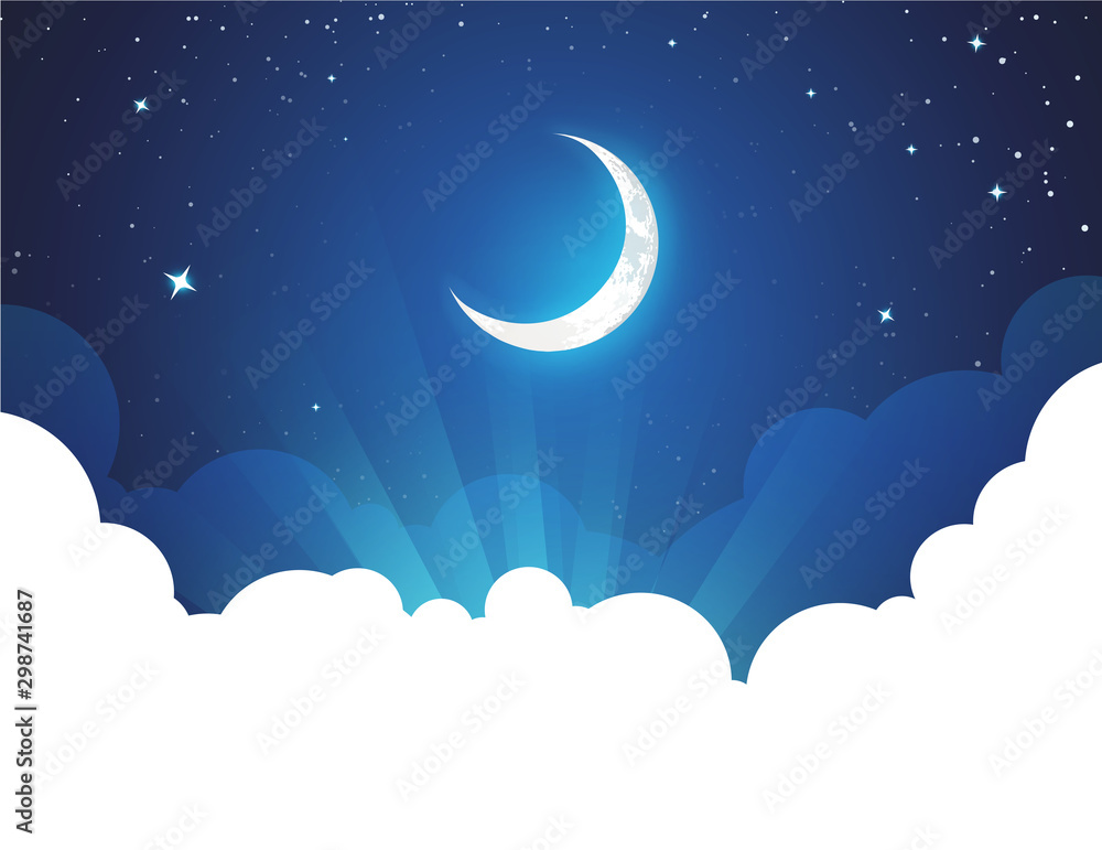 Night with Moon and Stars - Vector placard illustration with copy space at bottom. Flyer with Moonlight night for illustration of fairy tale, fantasy or calendar events. - obrazy, fototapety, plakaty 