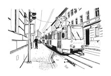 Vector Sketch Of Street Scene In Lviv,