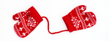 Christmas Red Knitted Mittens With Snowflake Motives
