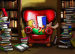 Junge sitzt barfuß bequem in großen Sessel aus Leder in rot ein Buch in der Hand, strahlt ihn an. Er liest begeistert und hat ein lächeln auf den Lippen. Stapel von Büchern um ihn in dieser Bibliothek