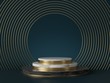 © wacomka - 3d render, abstract art deco green background, round golden blank frames, marble texture. Cylinder steps pedestal, podium, showcase stand. Luxury minimal mockup