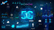 © SergeyBitos - 5G internet technology concept banner with elements interface and aspects 5G technology.  Global high speed internet via wireless network concept. Vector illustration with HUD interface elements