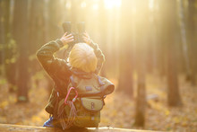 Little Boy Scout With Binoculars During Hiking In Autumn Forest. Child Is Sitting On Large Fallen Tree And Looking Through A Binoculars.