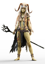 Portrait Of A Fantasy Female Orc Shaman With Staff And Native Outfit Including A Cloak And Horned Skull Headdress On A White Background. 3d Rendering