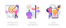 Workflow Optimization, Business Direction Choosing, Startup Launch Icons Set. Performance Management, Decision Management, Idea Management Metaphors. Vector Isolated Concept Metaphor Illustrations