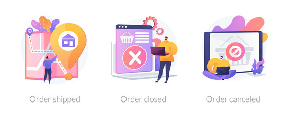 Wall Mural - Parcel tracking system, digital shopping, online purchase distribution icons set. Order shipped, order closed, order canceled metaphors. Vector isolated concept metaphor illustrations