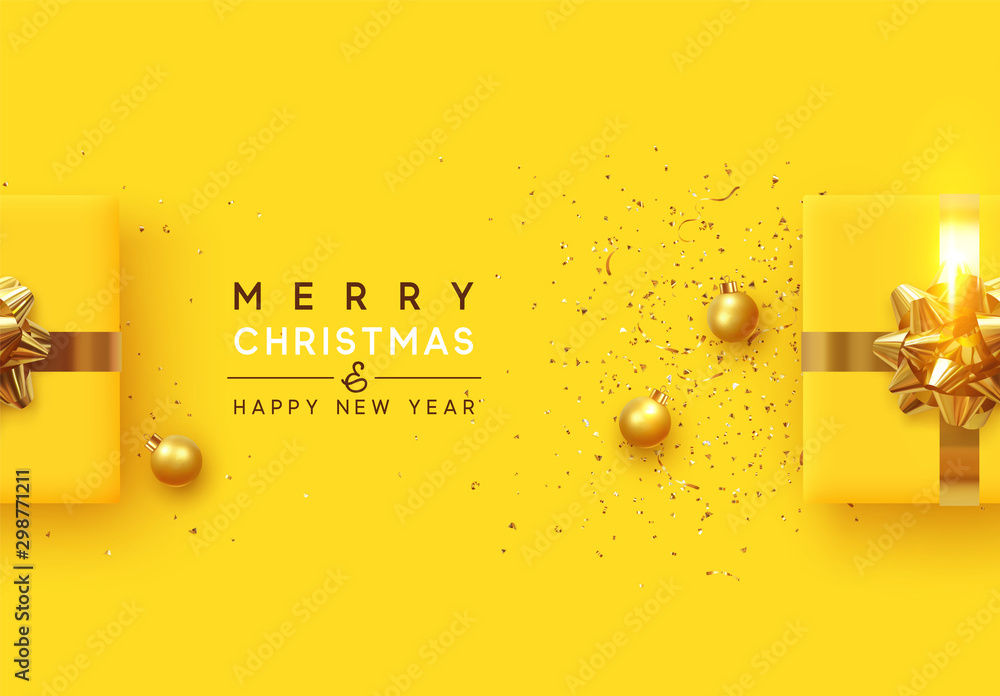 Christmas background. Realistic yellow gift boxes, with shiny golden confetti, Xmas balls, decorative baubles. Flat lay, top view. Festive New Year poster, greeting cards, banner. vector illustration - obrazy, fototapety, plakaty 