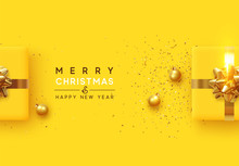 Christmas Background. Realistic Yellow Gift Boxes, With Shiny Golden Confetti, Xmas Balls, Decorative Baubles. Flat Lay, Top View. Festive New Year Poster, Greeting Cards, Banner. Vector Illustration
