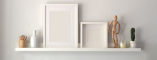 Mock Up Frame And Decorations On Shelf With White Wall