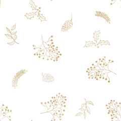 Seamless floral Christmas pattern with gold tree branches, fir cones, berries, leaves on white background. Graphic illustration. 