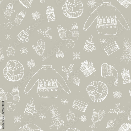 Tapety Beżowe seamless-christmas-pattern-with-white-sweaters-cat-gifts-mulled-wine-mug-gloves-hat-christmas-tree-toys-snowflakes-on-beige-background-graphic-illustration-christmas-props