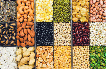 Wall Mural - Collage various beans mix peas agriculture of natural healthy food for cooking ingredients - Set of different whole grains beans and legumes seeds lentils and nuts colorful snack texture background