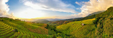 Panorama Aerial View Sunlight At Twilight Of Pa Bong Piang Terraced Rice Fields, Mae Chaem, Chiang Mai Thailand