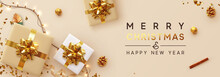 Christmas Banner. Background Xmas Design Of Sparkling Lights Garland, With Realistic Gifts Box, Glitter Gold Confetti. Horizontal New Year Poster, Greeting Card, Header, Website. Design Flat Top View
