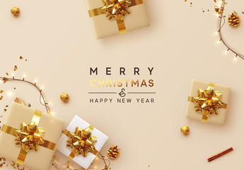 Wall Mural - christmas background. xmas design of sparkling lights garland, with realistic gifts box, glitter gol