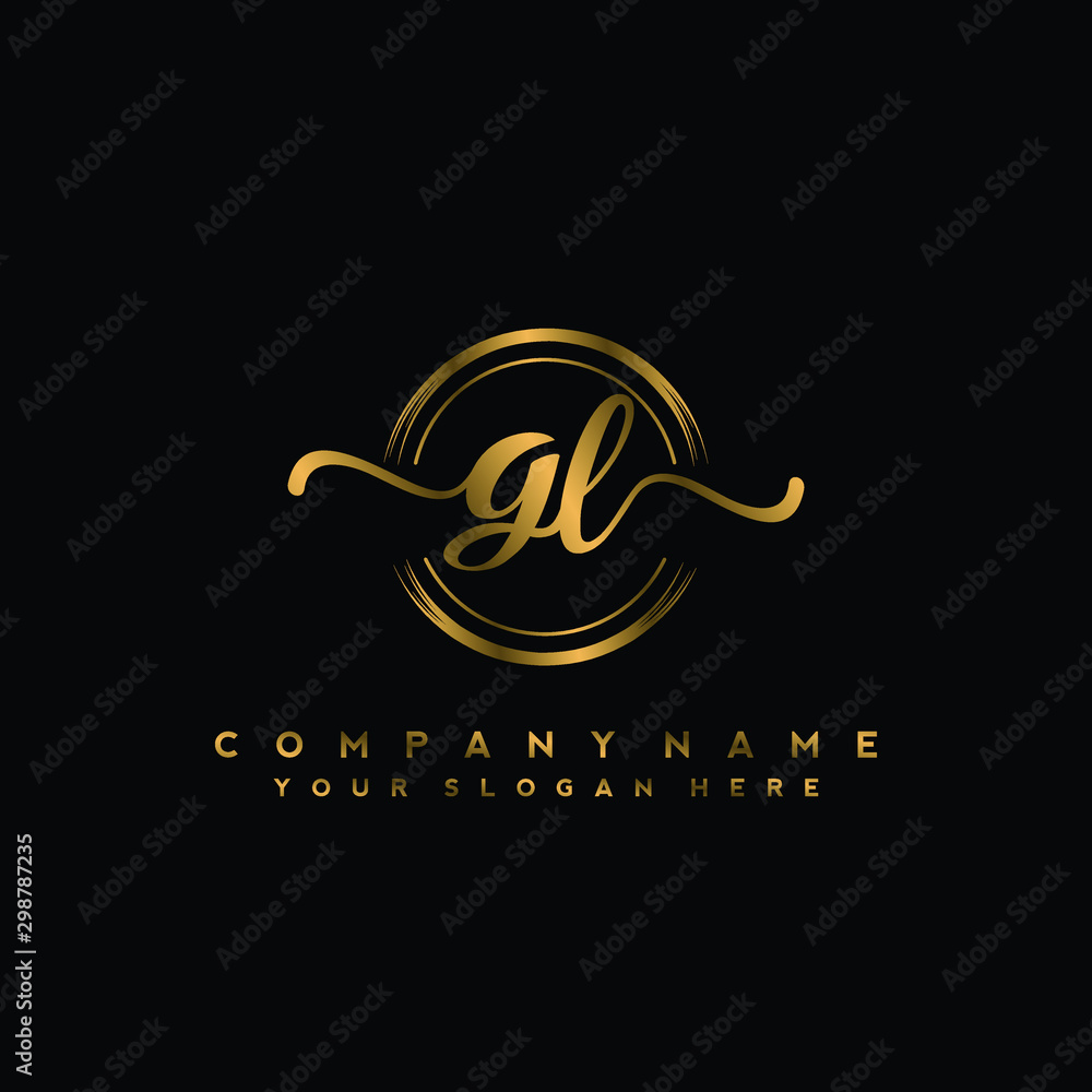 GL Initial handwriting logo design with golden brush circle. Logo for ...