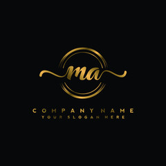 MA Initial handwriting logo design with golden brush circle. Logo for fashion,photography, wedding, beauty, business