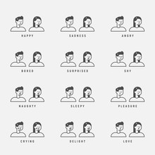 Outline Man And Woman Character. Faces Of Various Emotion Expressions.