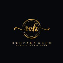 WH Initial handwriting logo design with golden brush circle. Logo for fashion,photography, wedding, beauty, business