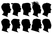 Silhouette Man Heads In Profile. Black Face Outline Avatars, Professional Male Profiles Anonymous Portraits With Hairstyle, Vector Set