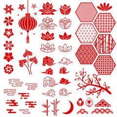 Chinese new year elements. Festive oriental asian style. Red cloud, flowers and moon, bamboo and sakura, lotus leaves vector collection