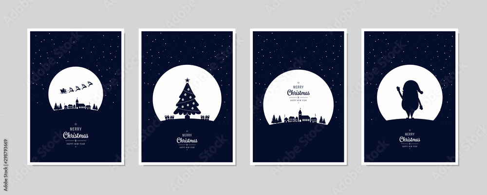 Merry Christmas card set santa sleight night tree greeting text lettering blue snowy night background vector. - obrazy, fototapety, plakaty 