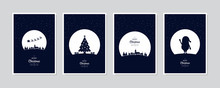 Merry Christmas Card Set Santa Sleight Night Tree Greeting Text Lettering Blue Snowy Night Background Vector.