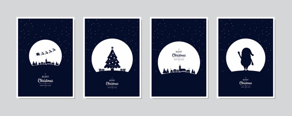 Wall Mural - merry christmas card set santa sleight night tree greeting text lettering blue snowy night backgroun