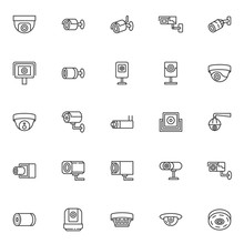 CCTV Camera Line Icons Set. Linear Style Symbols Collection, Outline Signs Pack. Vector Graphics. Set Includes Icons As Security Camera Control System, Webcam, Spy Cam, Dome Surveillance