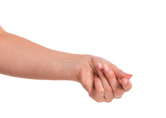 Wall Mural - Female empty hand holding something - palm up, isolated on white background. Beautiful hand of woman with copy space.