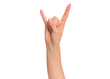 © DenisNata - Female hand showing heavy metal Rock gesture, isolated on white background. Beautiful hand of woman with copy space. Hand pointing two fingers.