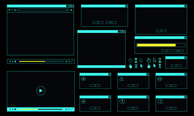 Wall Mural - Neon theme of desktop user interface. Web browser window, online video player, error message and computer cursor
