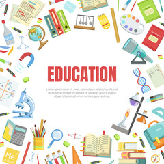 Sticker - Education Banner Template with School Supplies and Space for Text Vector Illustration