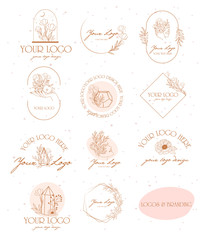 Wall Mural - Collection of logos and icons in hand drawn style. Nature, Skin care, Personal brand, psychology and beauty concept illustration. Editable vector illustration.
