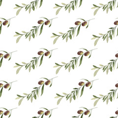 Wall Mural - Watercolor vector seamless pattern of olive branches and leaves.