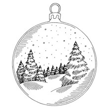 Christmas Ball Winter Forest Graphic New Year Black White Isolated Illustration Vector
