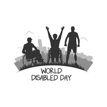 International Day Of Persons With Disabilities.Men In Wheel Chair And Man With Prosthesis