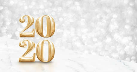 Poster - Happy new year 2020 gold glossy (3d rendering ) on angle white marble table with sparkling silver bokeh wall,banner for display of product for holiday promotion advertise