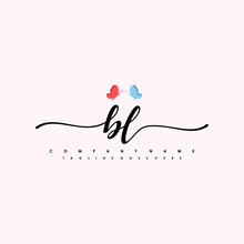 Initial BL With A Butterfly On The Handwriting Logo Vector. Letter Logo Handwriting Template. Two Blue And Ping Butterflies