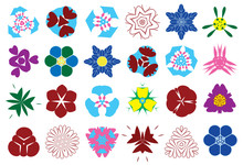Collection Of Twenty-four Kaleidoscope Abstract Colorful Flowers. Set Of Twenty-four Round Polygon Colorful Kaleidoscopic Floral Ornaments Patterns. 