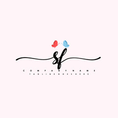 Initial SF with a butterfly on the handwriting Logo vector. Letter Logo Handwriting Template. two blue and ping butterflies