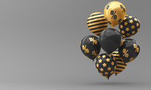 Black Balloons With Golden Percent, Stripes And Stars On A Black Background. Black Friday. 3d Render Illustration For Advertising.