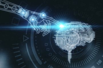 Wall Mural - robot hand pointing at digital brain.