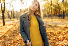 Beautiful Young Girl In Park On A Background Of Yellow Autumn Leaves