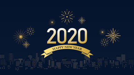 Happy new year 2020 in golden ribbon with fireworks and cityscape at night sky background