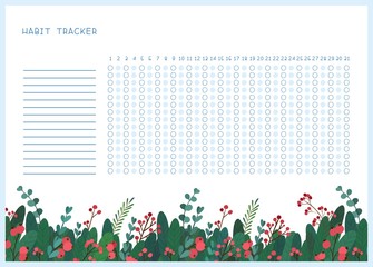 Habit tracker for month flat vector template. Winter leaves themed blank, personal organizer with decorative frame. Traditional Christmas symbolic tree leaves, berries, bouquet  illustration 