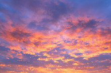 Fiery Orange Sunset Sky. Beautiful Sky. Beautiful Orange Clouds On A Blue Sunset Sky.